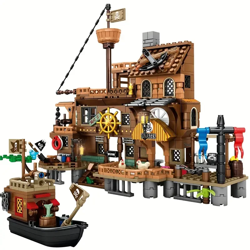 Creative ยุคกลาง Pirate Island Fortress ปราสาทอาคารบล็อกผจญภัยเรือ Log Cabin เรือประกอบอิฐของเล่นเด็กของขวัญ