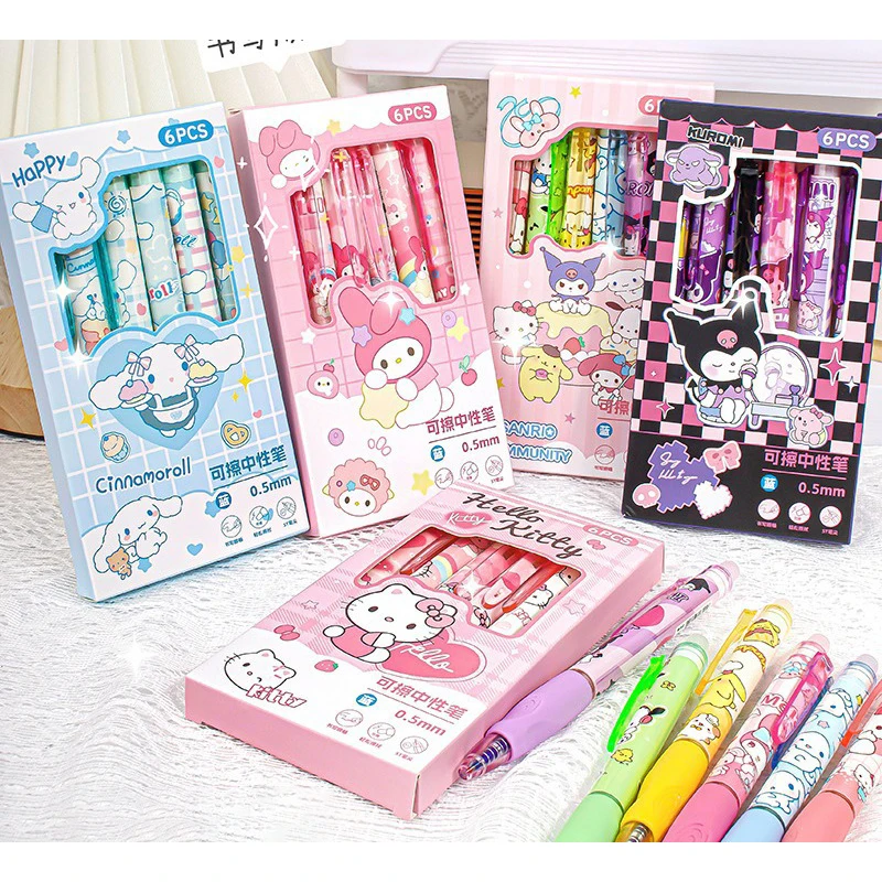 6 stücke Kawaii Kinder Gel Stift Hallo Kitty Cartoon Kuromi ST Löschbaren Schwarz 0,5mm Drücken Sie Die Kugelschreiber Lernen schreibwaren Geschenk