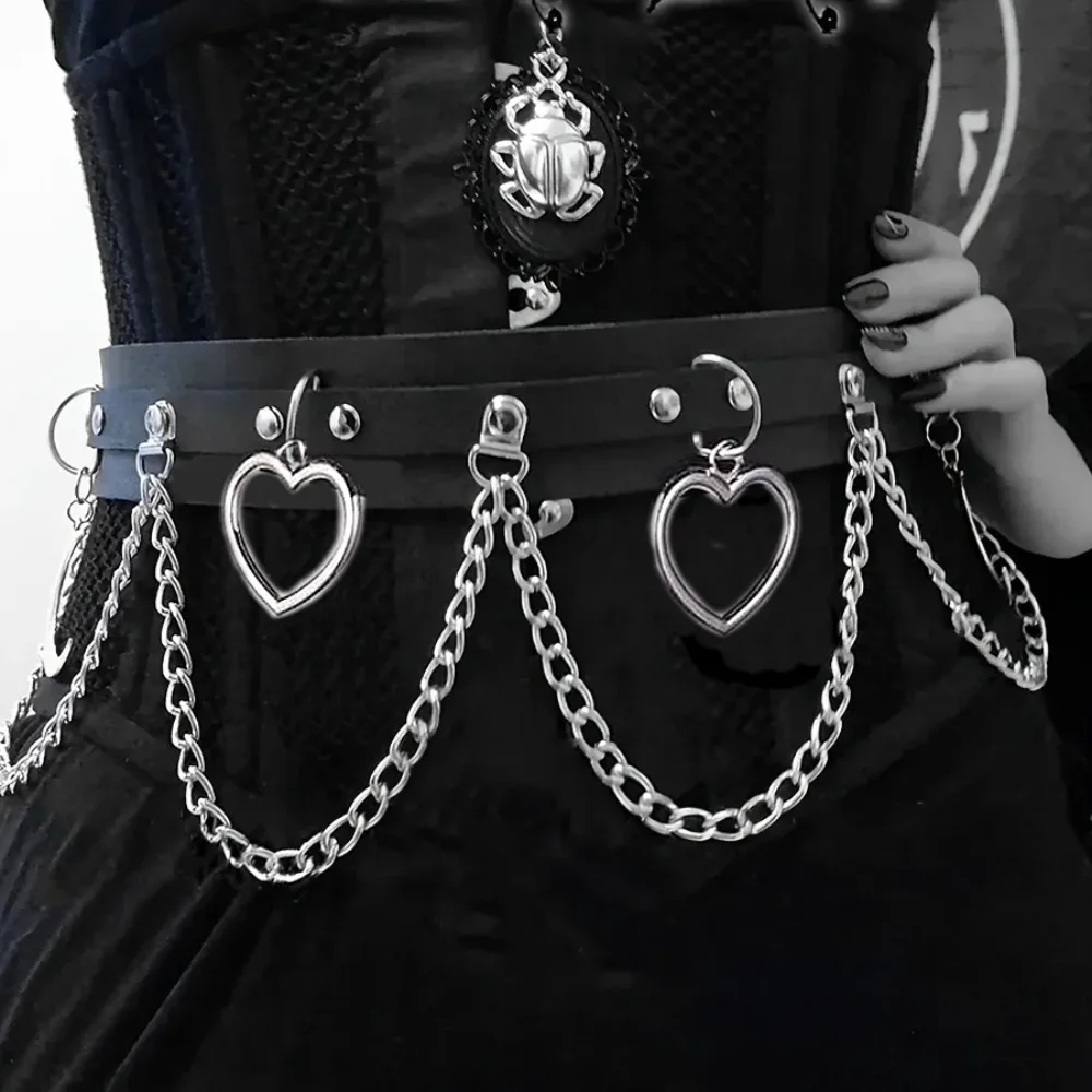 Witches Statement-Gürtel aus veganem Leder, Mond-Herz-Kreis-Kettengürtel, Gothic-Rock, Vintage-Bund für Frauen und Mädchen