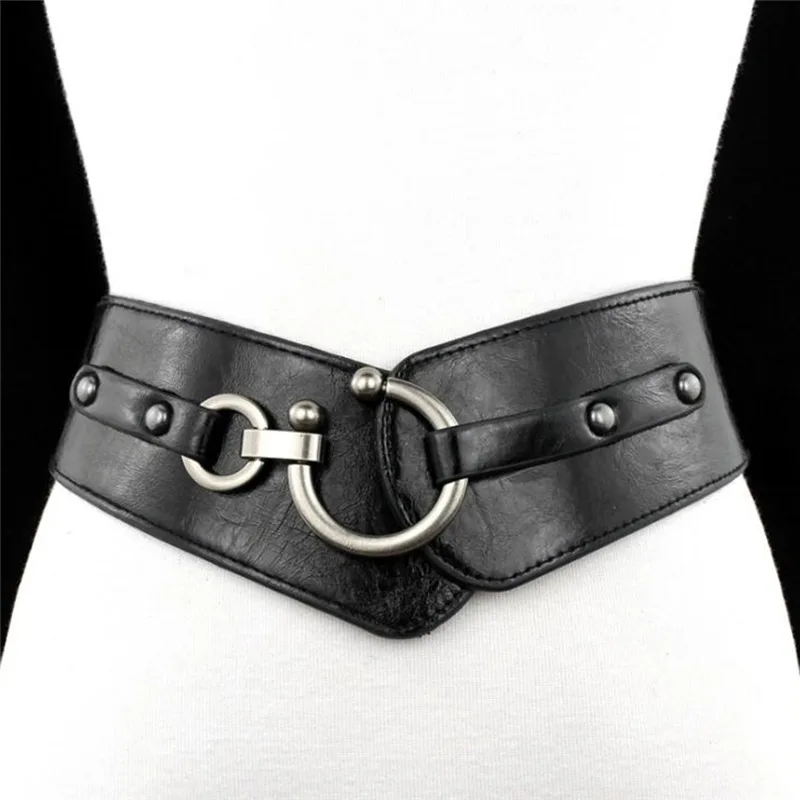 Women Fashion Simple Personality Elastic Wide Belt Strap Vintage Faux Leather Buckle Solid Color Durable Waistbands Universal