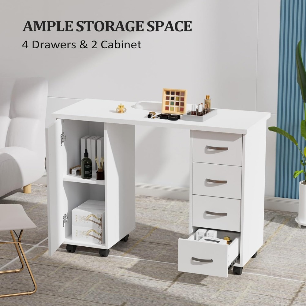 Manicure Table Nail Desk w/Cabinet, Drawers, Wheels & Arm Rest, Spa Salon Beauty Home Wooden Technician Workstation Nail Art