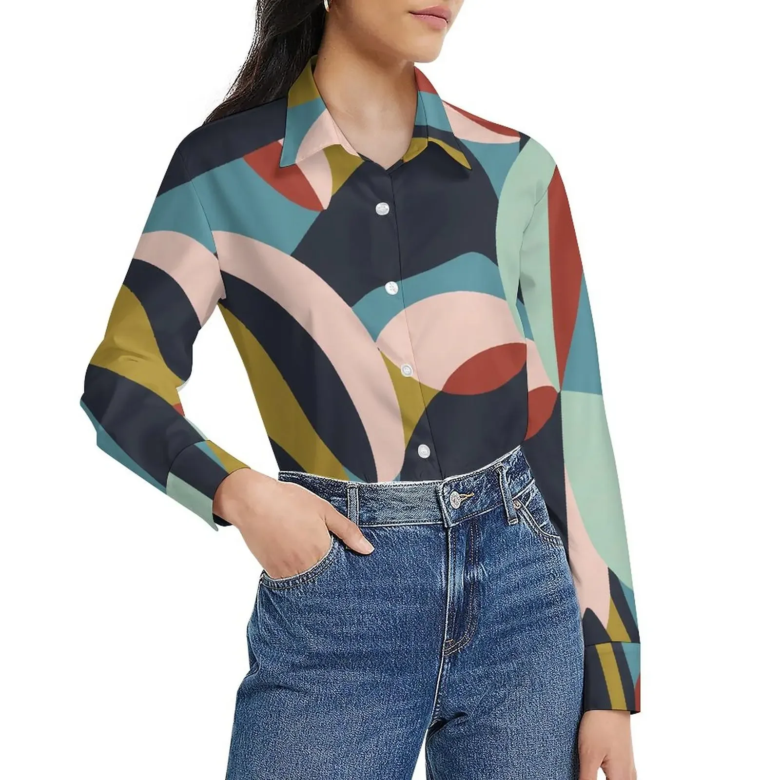 Blus Blok Warna Blus Fashion Kustom Estetika Gambar Cetak Tambal Sulam Kemeja Fashion Korea Wanita Atasan Kerah Lengan Panjang Musim Gugur
