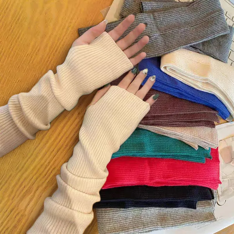 Mulheres de malha braço mais quente longo luvas sem dedos mitten inverno y2k sólido braço manga moda casual macio meninas roupas punk luvas