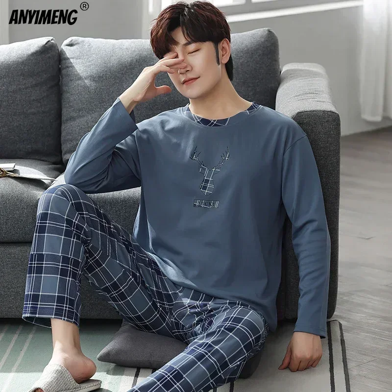 Conjunto de Pijama de algodón de talla grande para hombre, ropa de dormir informal de punto con cuello redondo, sólido, 4XL, Otoño e Invierno