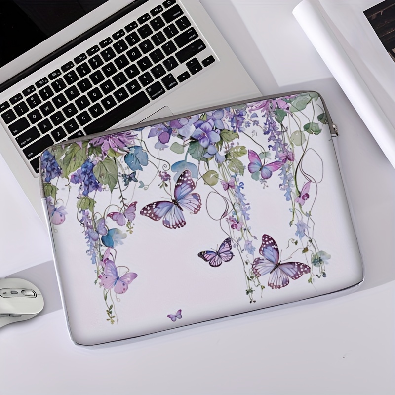 Set monopezzo, due stili, borsa per laptop e valigetta con motivo a farfalla viola, adatto per laptop da 14 pollici