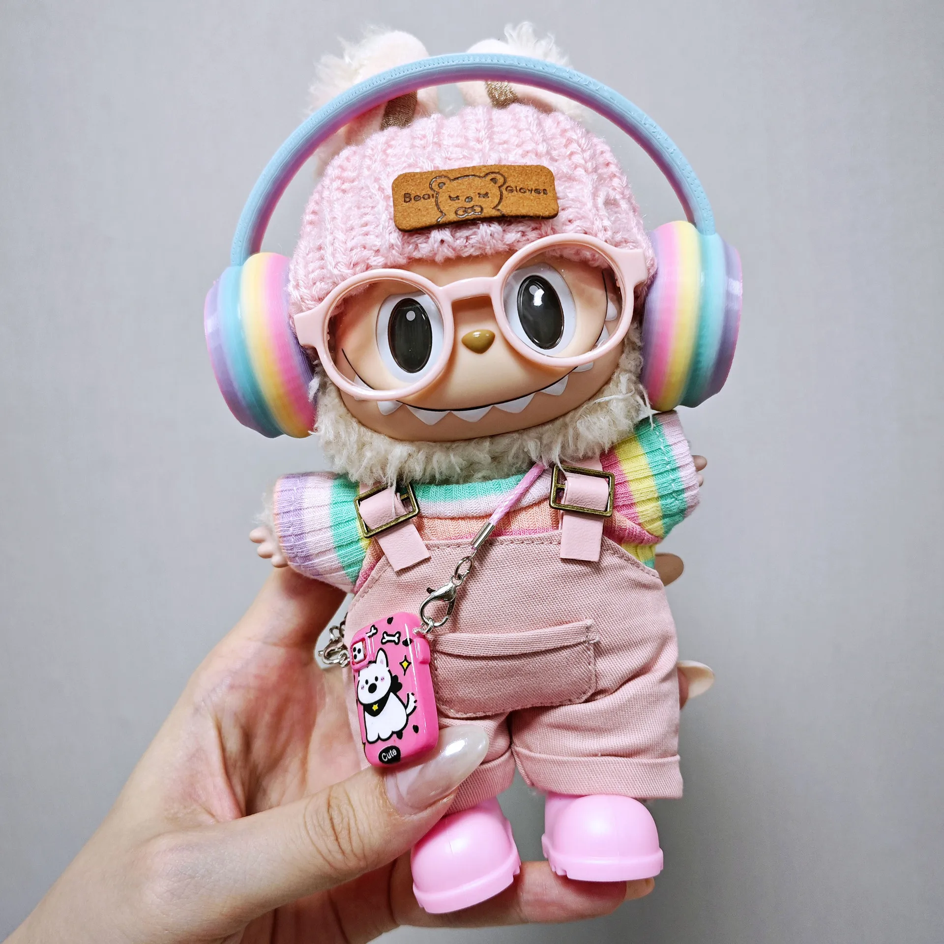 Pour les vêtements de bébé Labubu 15 cm - 17 cm, en tissu Labubu, une salopette rose, associée à des vêtements de bébé