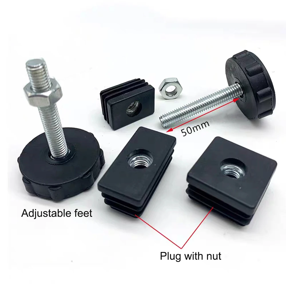 4Pcs ปรับเท้าแผ่น M8 Nut ท่อปลั๊กสีดำรูปสี่เหลี่ยมผืนผ้าหลอดเฟอร์นิเจอร์ Leveling ฟุต Levelers สำหรับตารางขาเก้าอี้