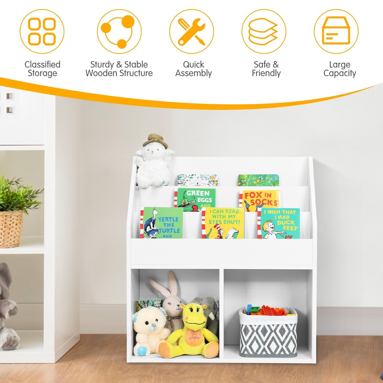 GOFLAME Storage Organizer, Freestanding Bookcase W/ 3 Shelves & 2 Compartments