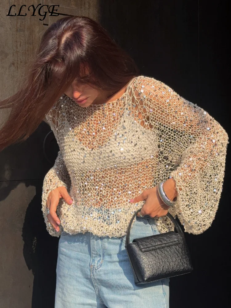 เซ็กซี่Sequins Hollow Outผู้หญิงPulloverถักหลวมO-คอยาวแขนยาวหญิงเสื้อกันหนาว 2025 ฤดูใบไม้ผลิLady Shinny Chicเสื้อ