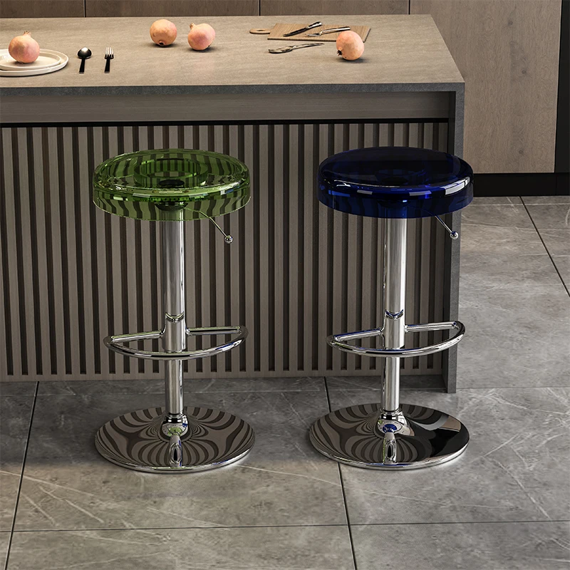 Bancos de bar de cozinha com altura ajustável, design de perna prateada transparente, cadeira de bar de jantar, sala de estar, móveis modernos de banqueta
