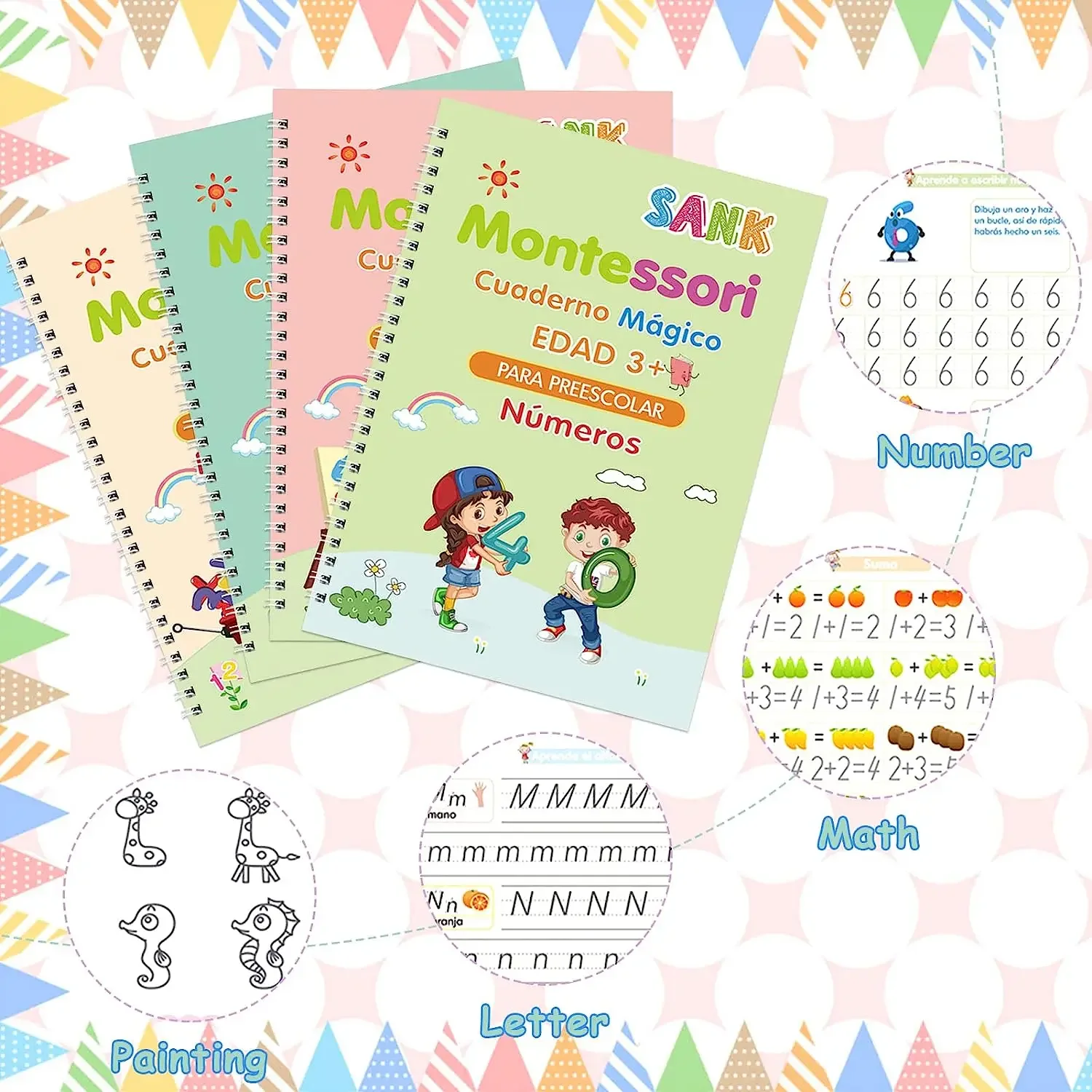 4 Books/set Notebook Spanish Sketchbook Montessori Calligraphy Magic Book Copybook Children's Kid Handwriting Early Learn