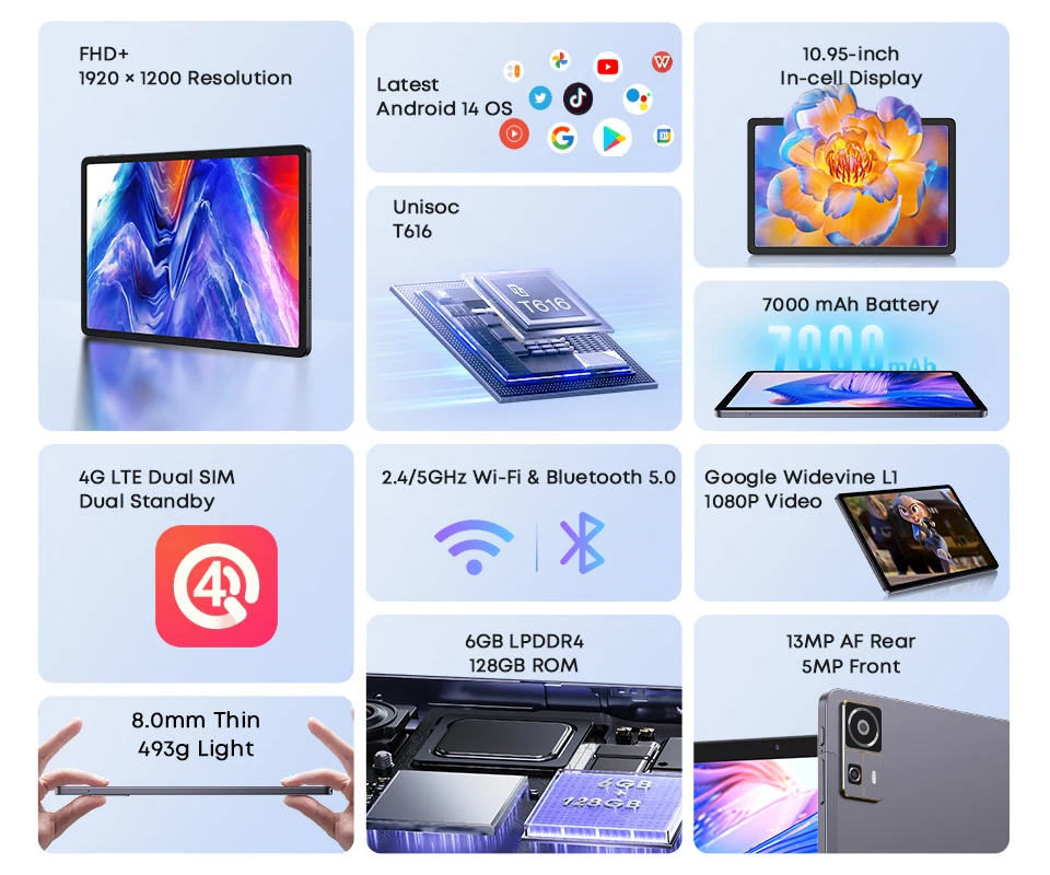 Versión Global 2024 CHUWI HiPad 11 tableta Android 14 10,95 "FHD 6GB RAM 128GB ROM tabletas 7000MAH batería 2,4G/5G WiFi tablette