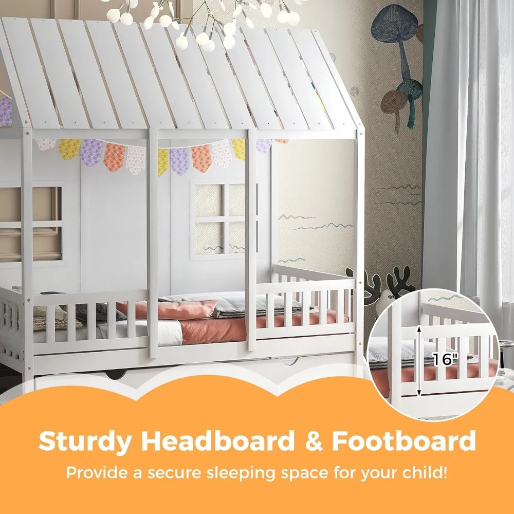 Twin Size House Bed with Trundle, Wood Kid’s House Bed Frame with Roof, Windows, Fence Rails, Beds Frame with Sturdy Beds Slats