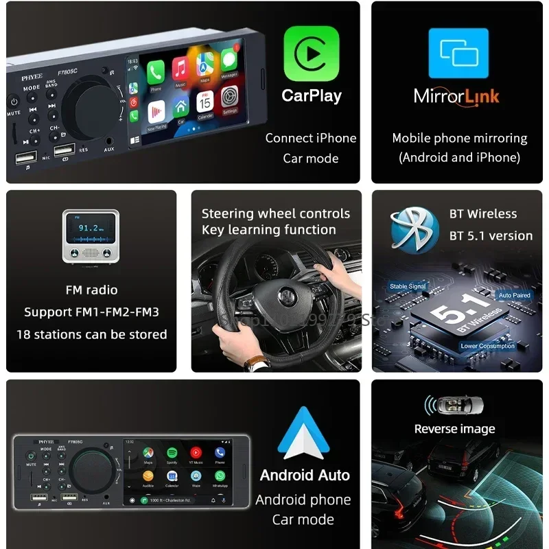 1 Din 4 "CarPlay Autoradio Bluetooth Android-Auto MP5 Player Handfree A2DP USB Stereo Audio System Multimedia Head Unit