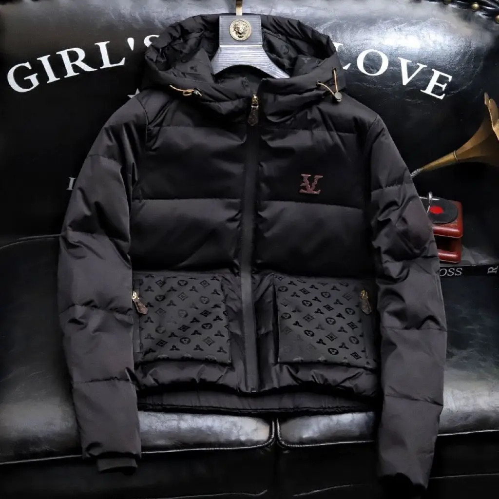 2025 invierno nueva chaqueta de algodón gruesa con estampado de tendencia para hombres guapos con capucha de gama alta top juvenil de talla grande