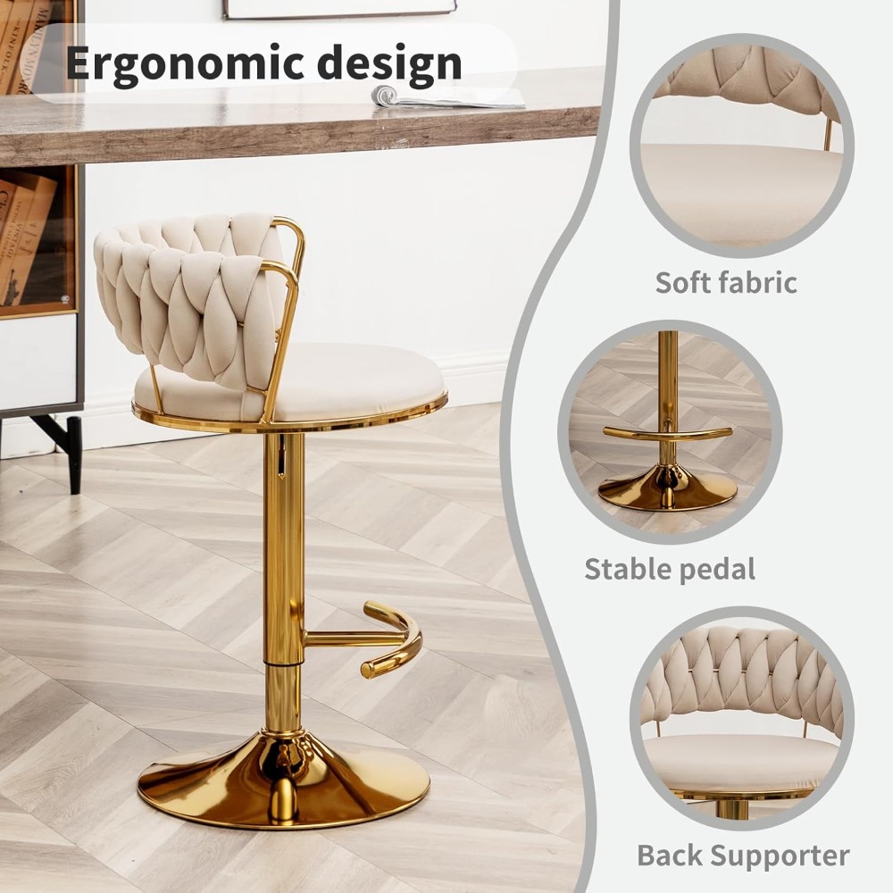 Gold Bar Stools Set of 4, Low Back Counter Height Bar Stools, Velvet Adjustable Height Bar Stools