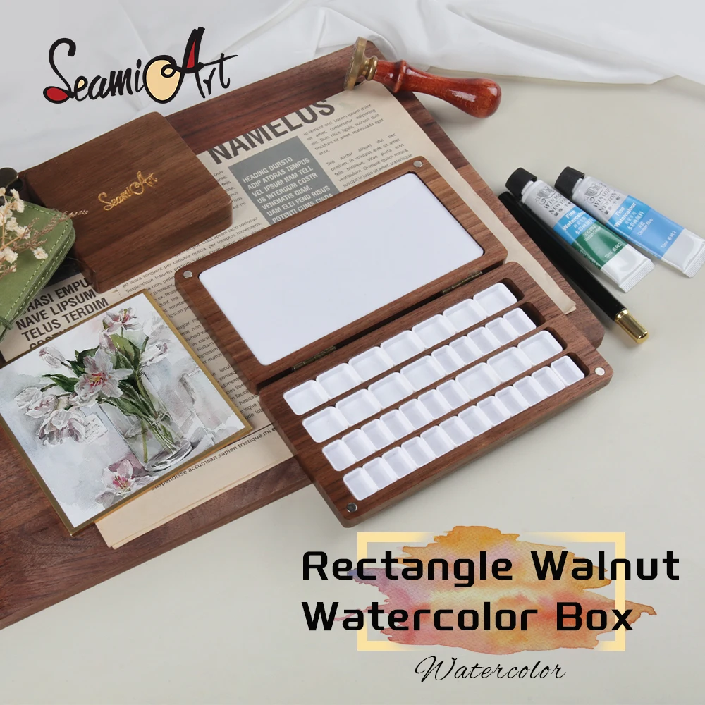 SeamiArt-caja de pintura rectangular de madera de nogal negro, 1 unidad, con paleta, medias sartenes para subpaquete de acuarela, suministros de arte de almacenamiento
