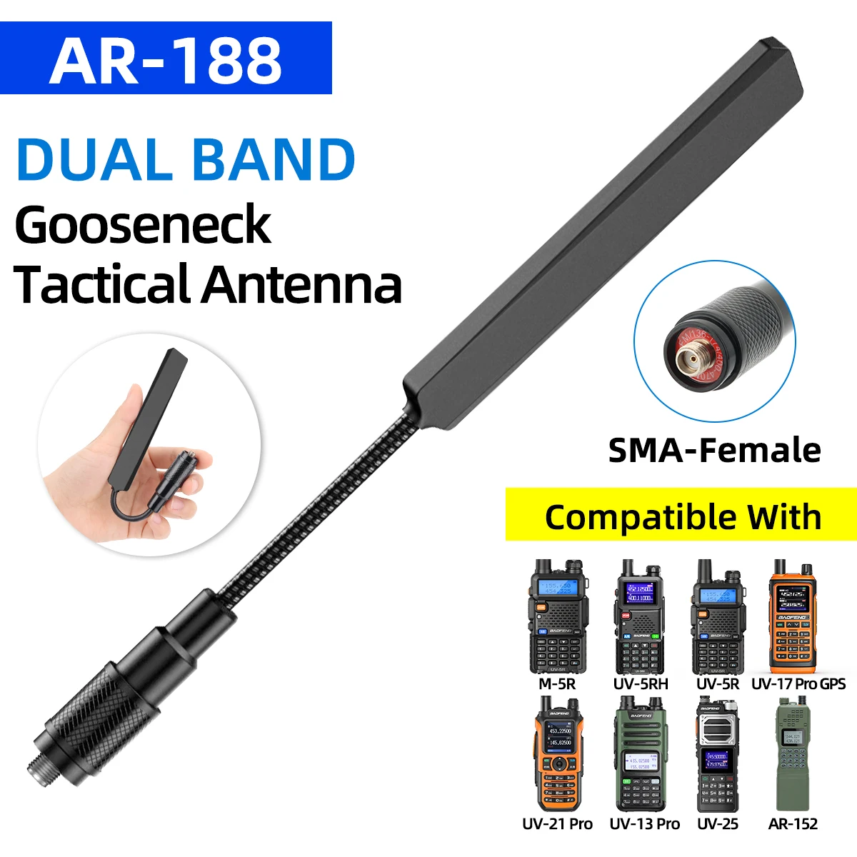 ABBREE AR-188 Antena taktyczna na gęsiej szyi VHF UHF SMA-Female dla Baofeng Walkie Talkie UV-5R 5RH 13 17 21 PRO Quangsheng UV-K5(6)
