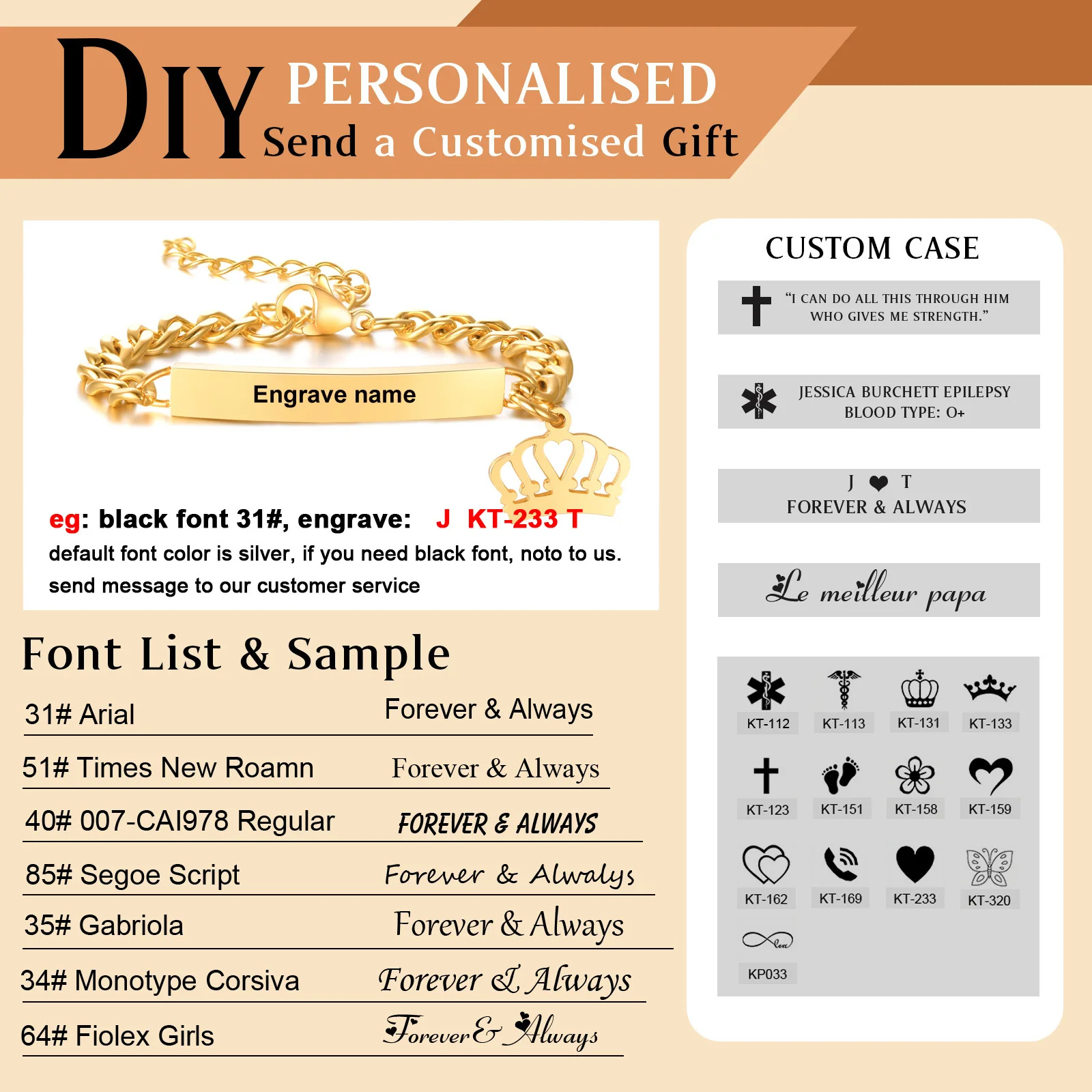 Pulseira de identificação com nome personalizado, presentes para meninos e meninas, pulseira de coroa de elo de corrente de aço inoxidável não alérgica