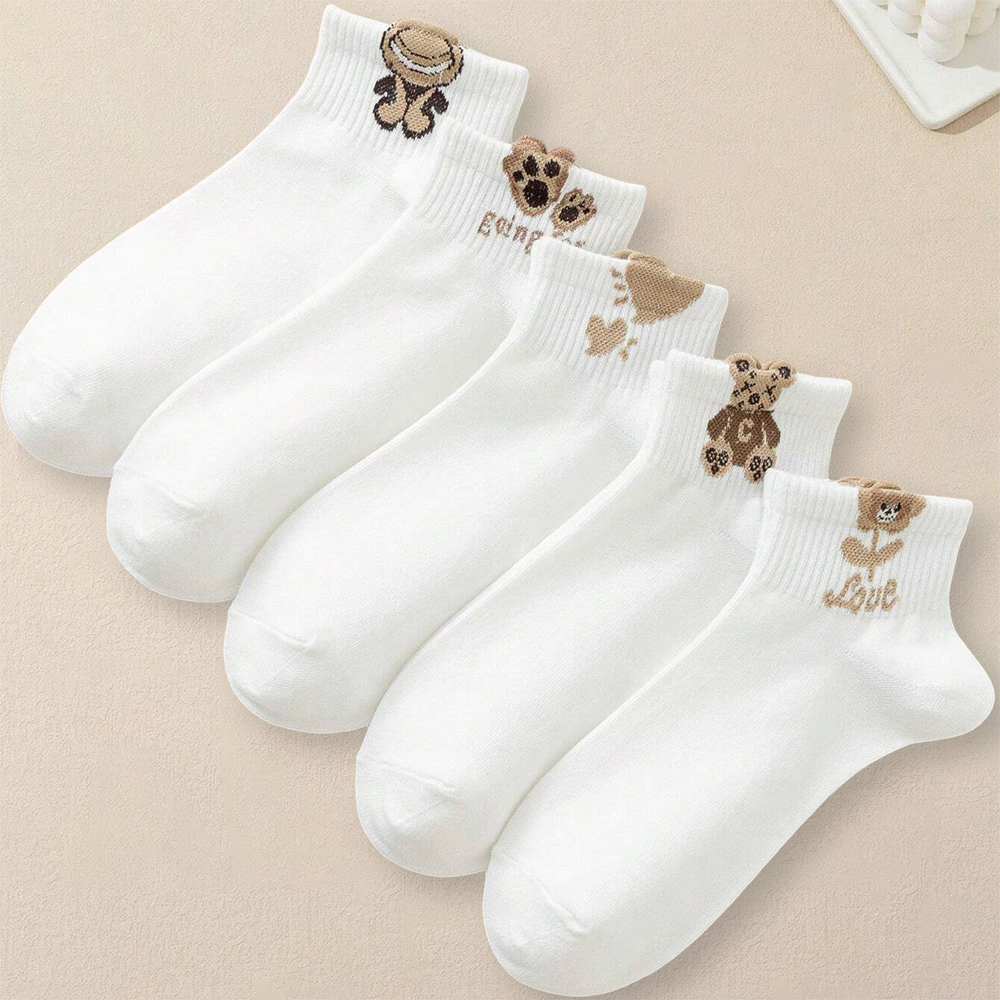 5/10/20 pares de calcetines tobilleros con estampado de oso de peluche de dibujos animados para mujer, calcetines informales cómodos y transpirables creativos a la moda versátiles