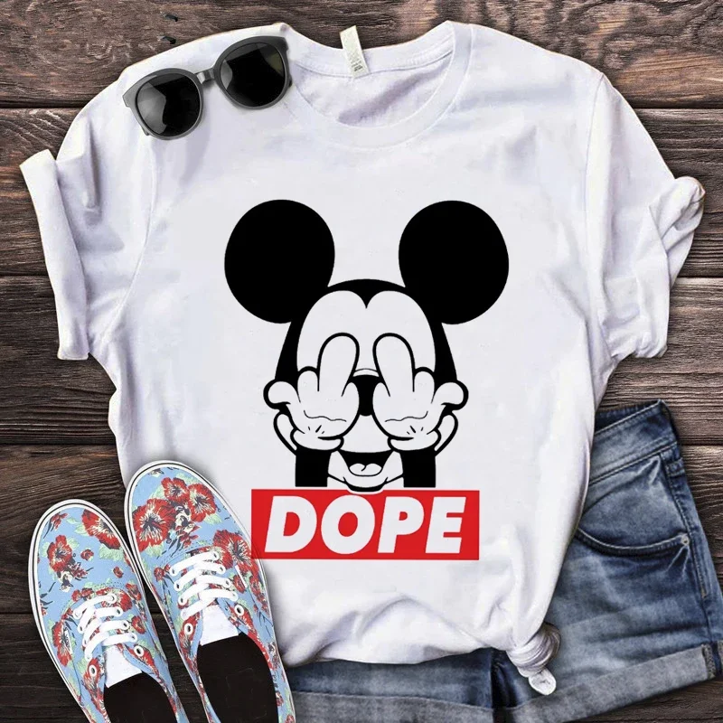 Disney Kawaii Mickey Mouse Kaus Kartun Wanita Y2K Kaus Uniseks Minnie Mouse Pasangan Kaus Lucu Pola Harajuku Atasan Wanita