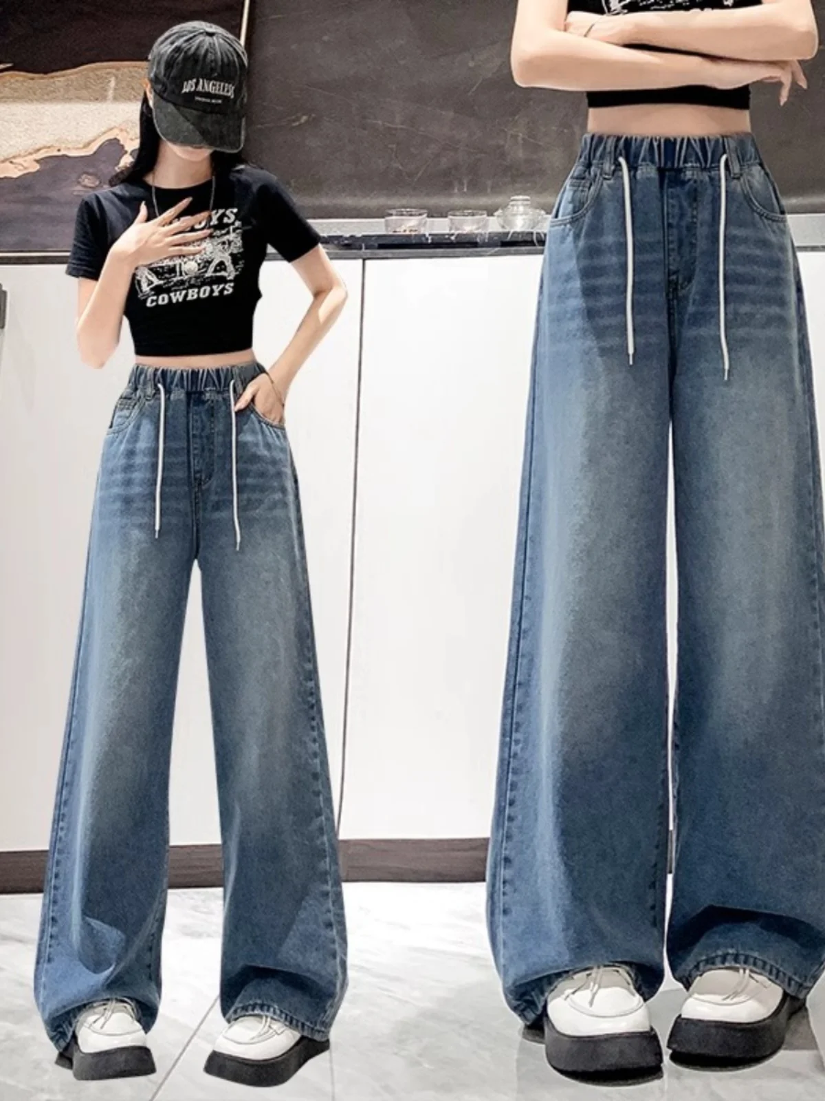 Loose Wide Leg Jeans High Waist Light Blue Women's plus Size Elastic Waist Dstring Trousers Slimming Long Pants