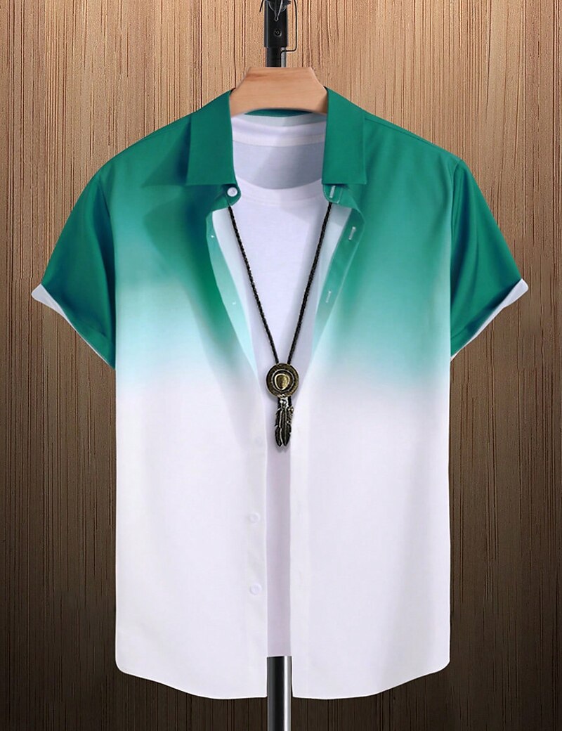 Neues einfaches hawaiianisches Kurzarm-Oberteil mit Farbverlauf, lässiges Strand-Kurzarmhemd mit geknöpftem Revers, bequemes Herrenhemd