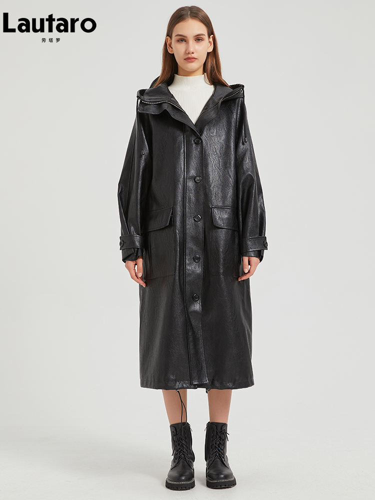 Lautaro-Manteau long en cuir PU imperméable pour femme, coupe-vent avec capuche, fermeture éclair, noir, décontracté, printemps, automne, 2024