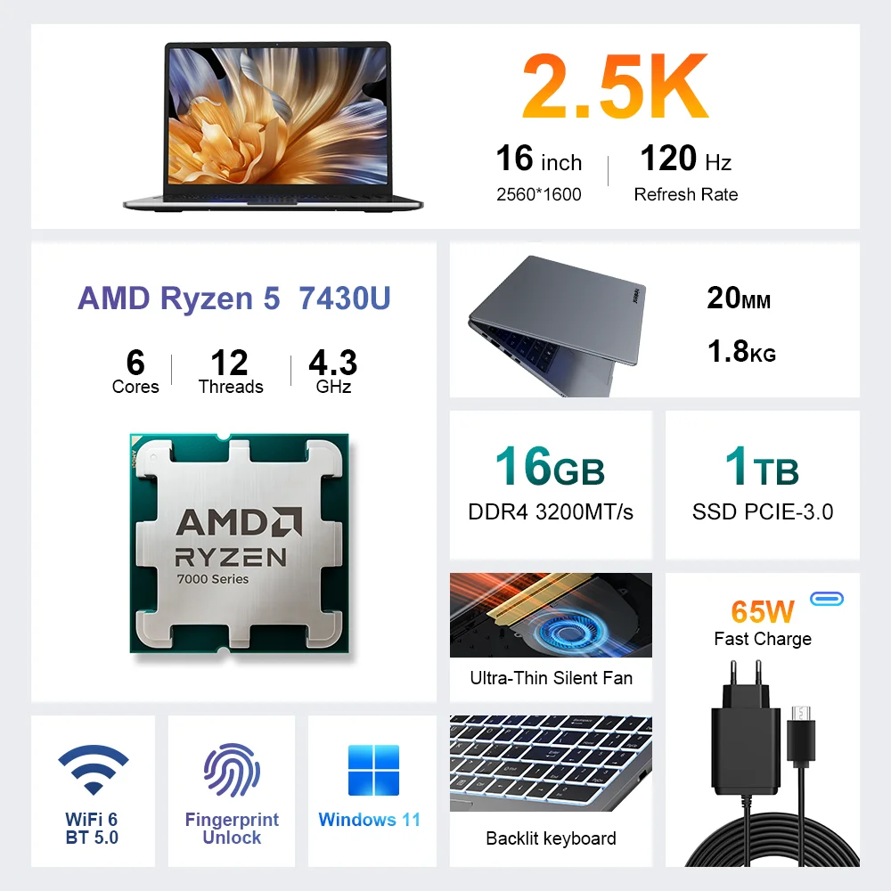 Ninkear A15 Pro draagbare gaminglaptop Windows 11 AMD Ryzen 5 7430U 16-inch 2,5K IPS 120Hz 16GB DDR4+1TB SSD Stabiele connectiviteit via WiFi6 en BT5 PC met verlicht toetsenbord tot 4,3 GHz notebookcomputer