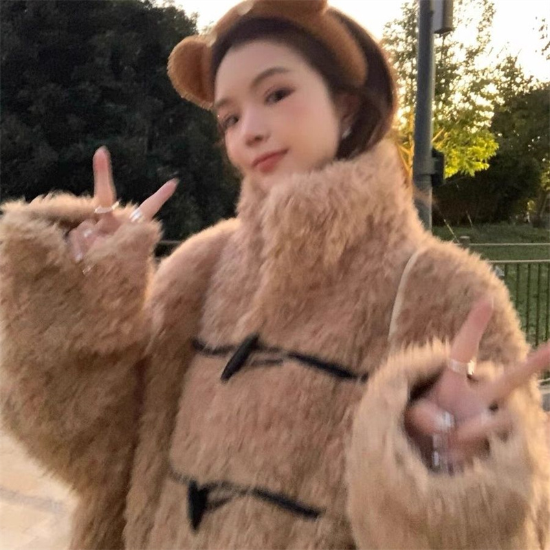 Heygirl 黒兄弟テディププチャオレザーループ牛ホーンバックル暖かいルース模造ラムウールコート女性のためのカーディガンジャケット