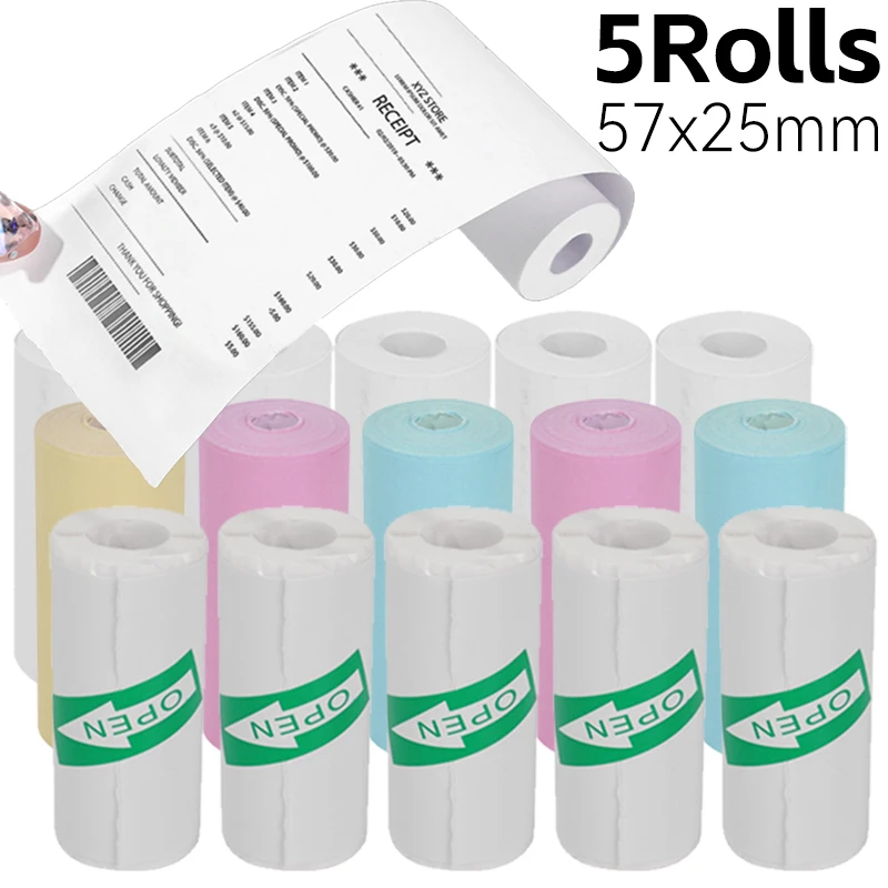 5-1 Rollen Drucker papiere 57x25mm selbst klebende Thermopapiere HD-Farbe ti ketten drucker für inkless Student Study Mini drucker