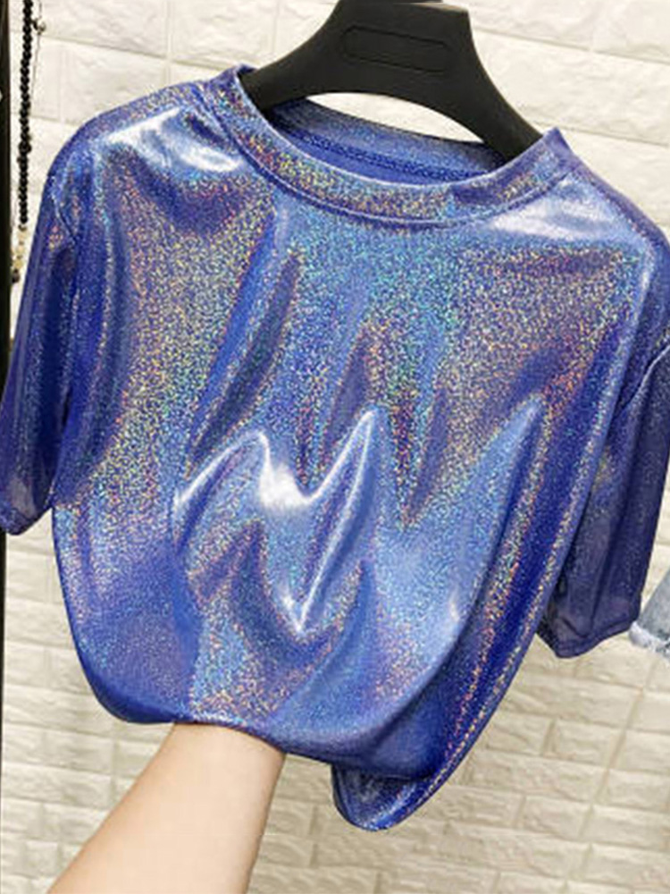 夏の女性トップス光沢のあるルーズ半袖 tシャツセクシーなクラブ美的原宿女性スタイリッシュな明るいシルク tシャツ
