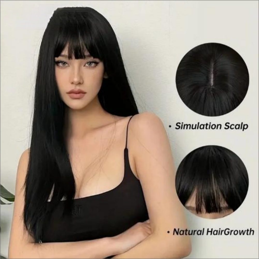 วิกผมสังเคราะห์สีดําผู้หญิงผมยาวตรงธรรมชาติ Bangs ผมทุกวันสวมใส่ทนความร้อน Full Head Cover