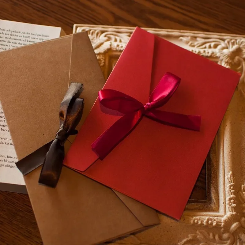 5 ピース/セットヴィンテージ西洋封筒かわいいリボンちょう結び紙封筒手紙ウェディングパーティークリスマス招待状カードカバー