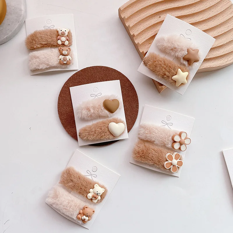 2 unids/set de diademas de estilo coreano para niña, pinzas para el cabello Kawaii de lana de oso y estrella para invierno, diademas para niños, diademas cálidas para niños