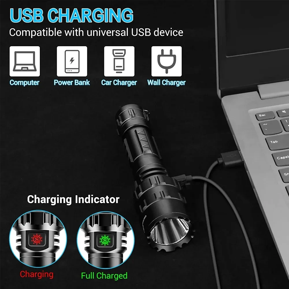 Linterna LED táctica para caza, recargable por USB, resistente al agua, juego de luces de explorador nocturno para tiro profesional