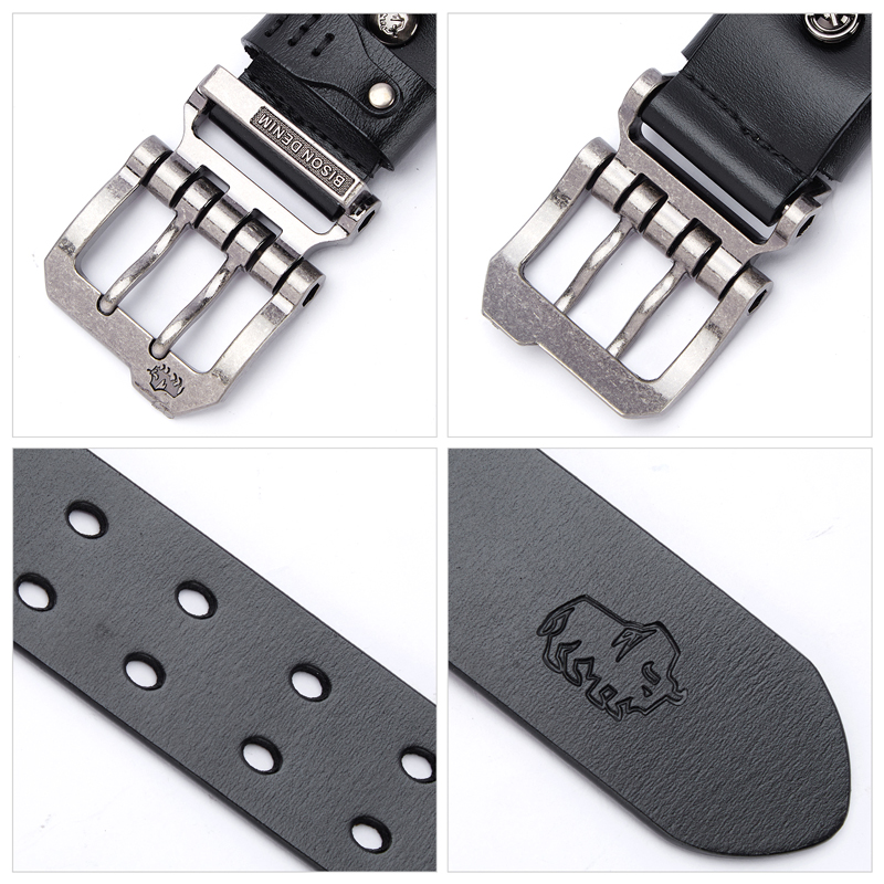 BISON DENIM-Cinturón de cuero de alta calidad para hombre, correa de cuero genuino, hebilla de Pin de lujo, cinturón vaquero Vintage elegante para hombre