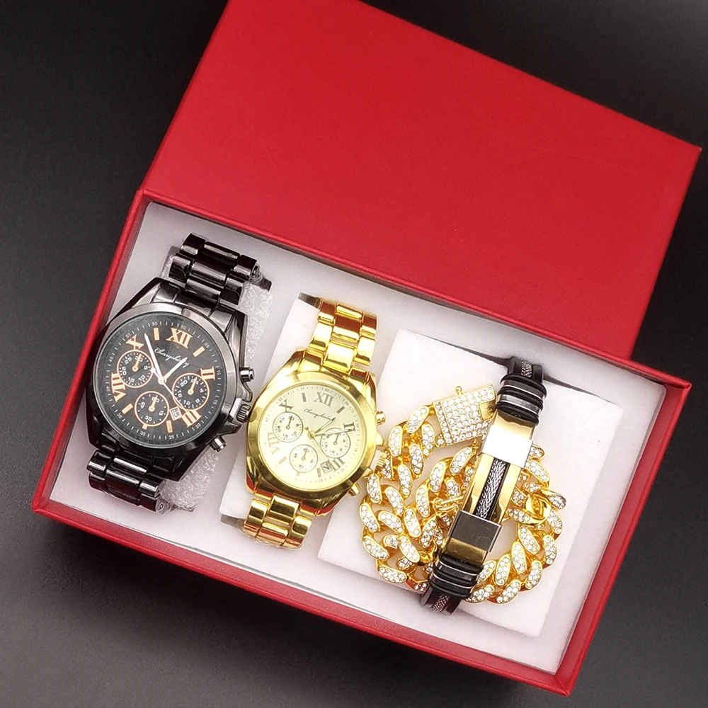 4 Stück Set Luxus Stahl Liebhaber Quarzuhren Mode Männer Frauen Kalender Uhr für Paar Uhr mit Armbändern für Liebhaber Geschenk