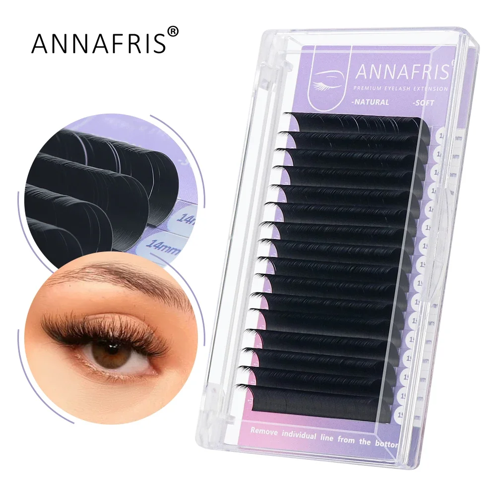 ANNAFRIS 16 filas/bandeja negro mate C D DD Curl extensión de pestañas individuales Premium imitación visón pestañas clásicas pestañas postizas suaves naturales