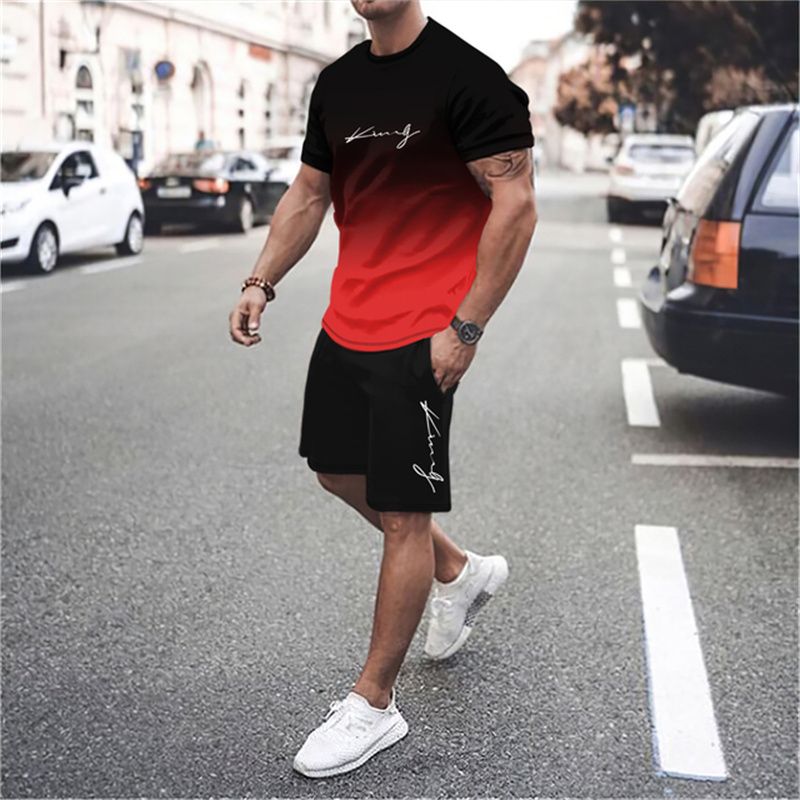 O mais recente conjunto de camiseta e shorts gradiente 3D masculino manga curta O-pescoço top casual e elegante conjunto de roupas esportivas de skate