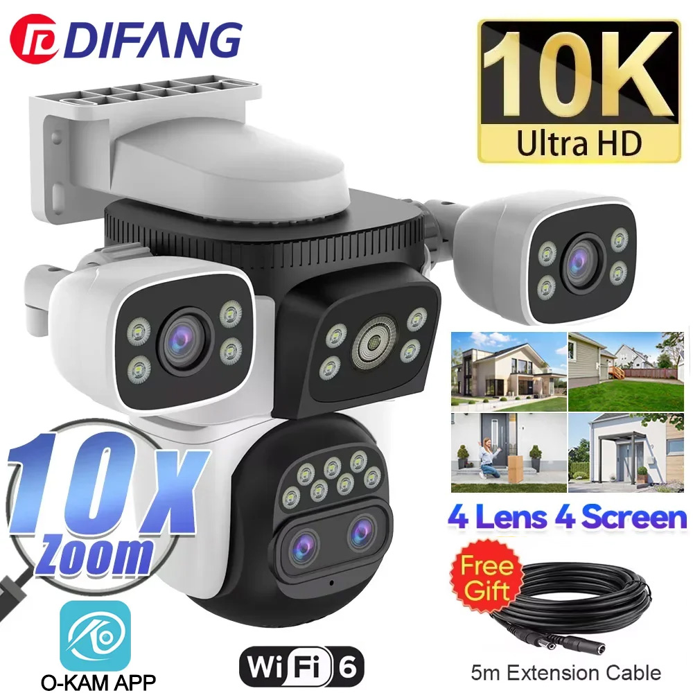 20MP WiFi Netzwerk Kamera 10K Wireless Outdoor 10X Zoom Vier Bildschirm Vier Objektiv PTZ Automatische Tracking Wasserdichte Sicherheit Cam CCTV