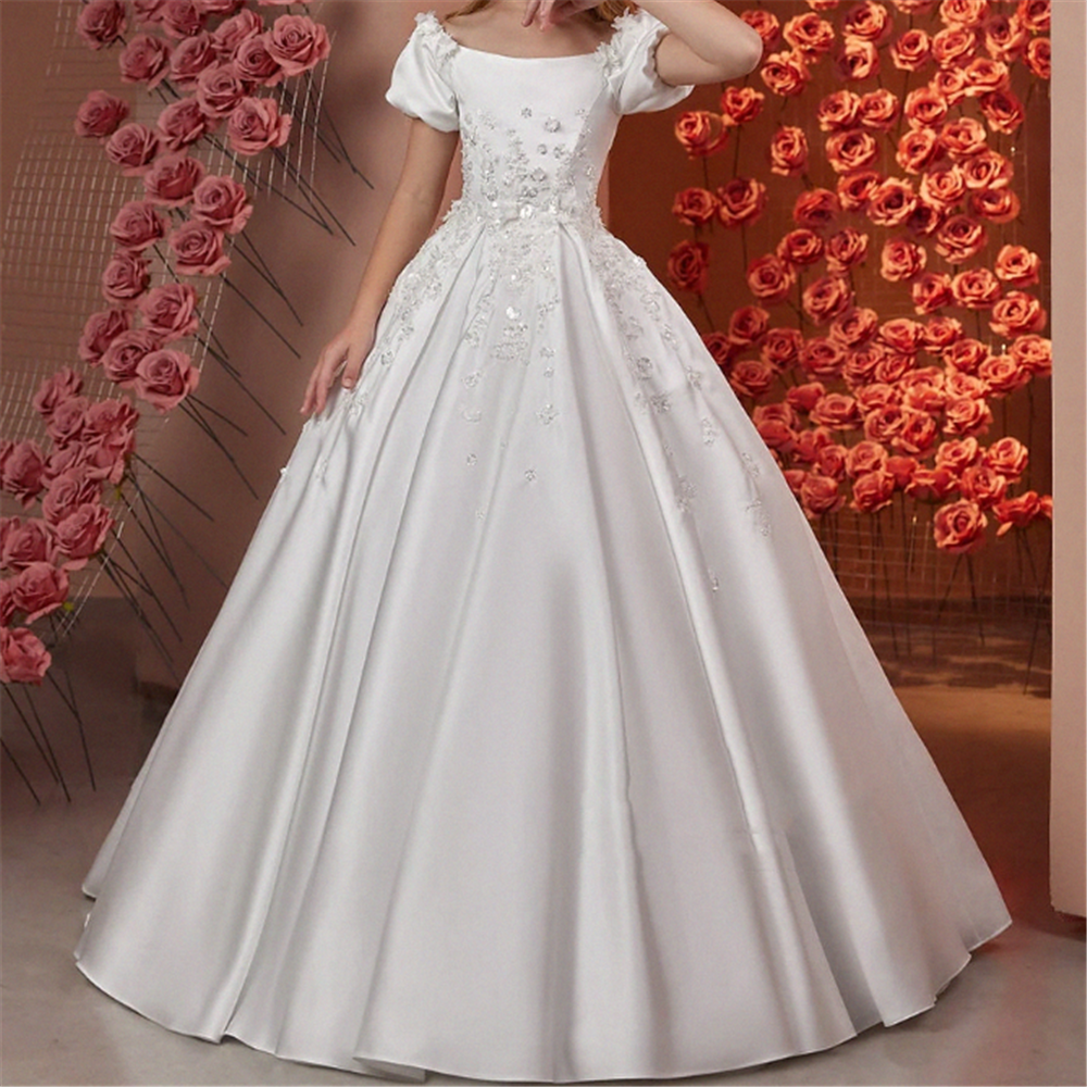 Elegante Blumenmädchenkleider für die Hochzeit, Satin, Perlen, Blumenmuster, bodenlang, für Mädchen, Kindergeburtstag, Erstkommunion