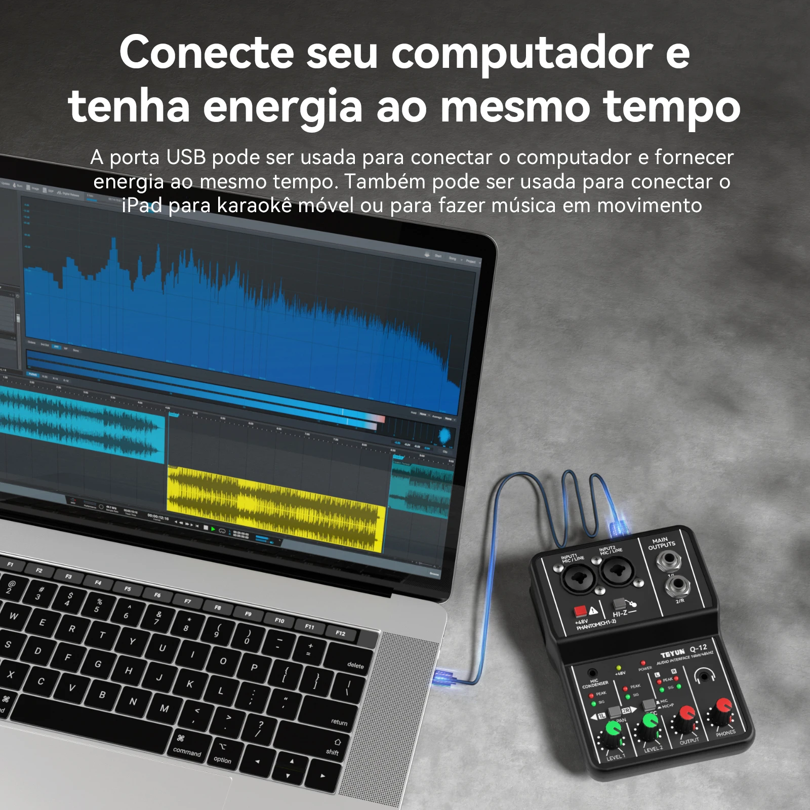 Teyun Q-12 placa de som misturador de áudio placa de som console interface do sistema de mesa 4 canais 48v potência estéreo placa de som do computador