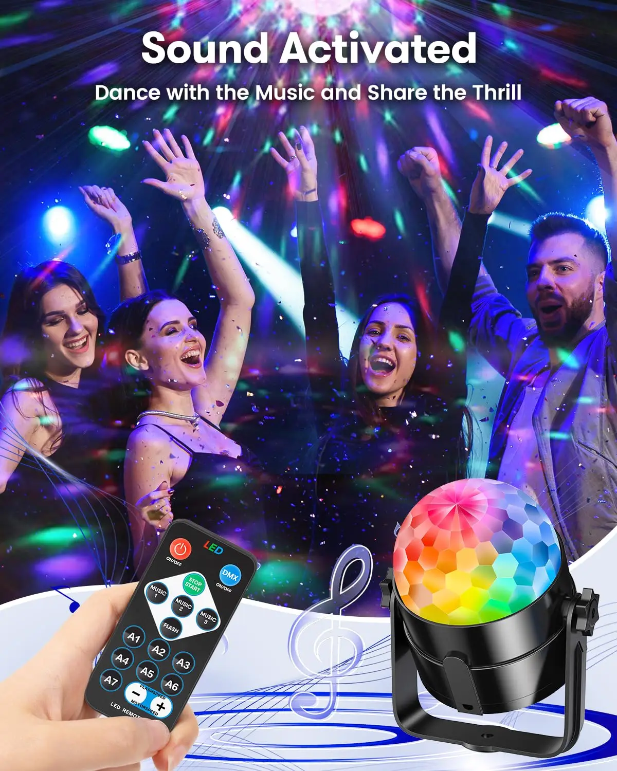 Bola de luz LED de discoteca activada por sonido RGB con Control remoto, lámpara giratoria de escenario para DJ, decoración navideña para el hogar, coche, fiesta, Club