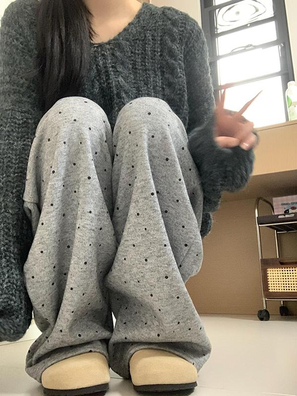 Gray Polka Dot Thickened Fleece High Waist Straight Leg Drapey Casual Sport Wide Leg Pants Women's Autumn Winter New Sle