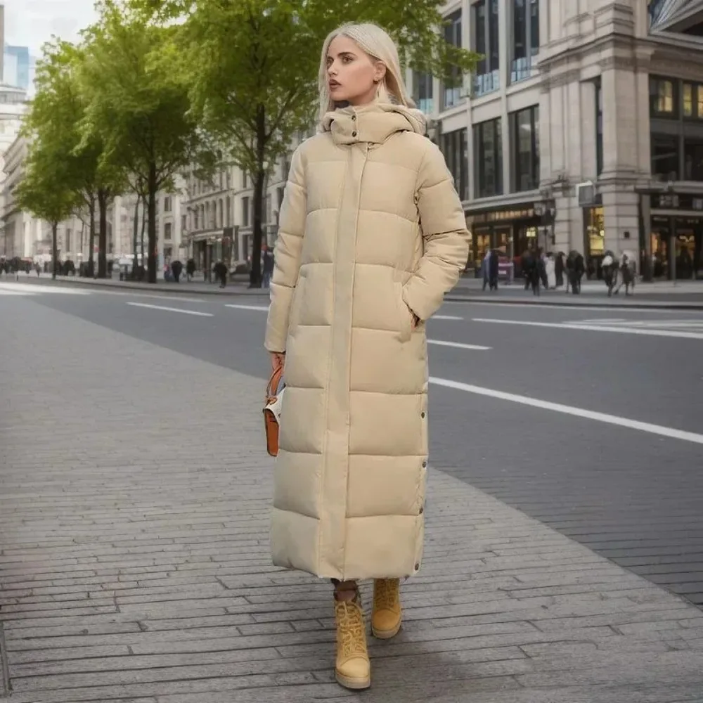 Abrigo de algodón, Parka larga, chaqueta para mujer, Otoño Invierno 2023, abrigos gruesos y cálidos, Parkas de plumón blancas con capucha de tendencia de bloque tejido