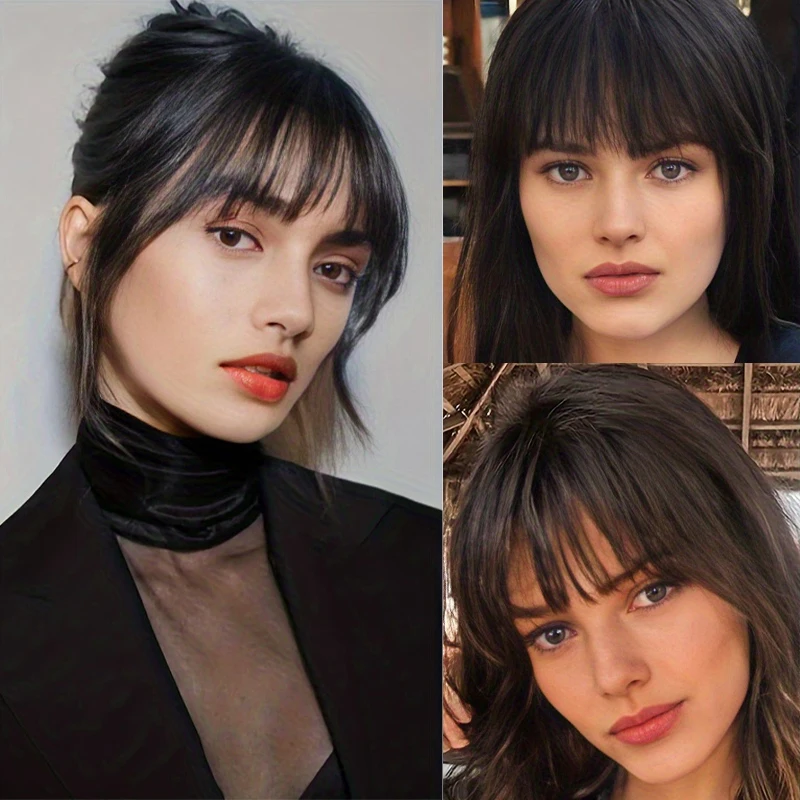 Clip sintetica corta dritta con frangia Frangia nera Frangia d'aria Estensione dei capelli Frangia per capelli per le donne Parrucchino con frangia falsa