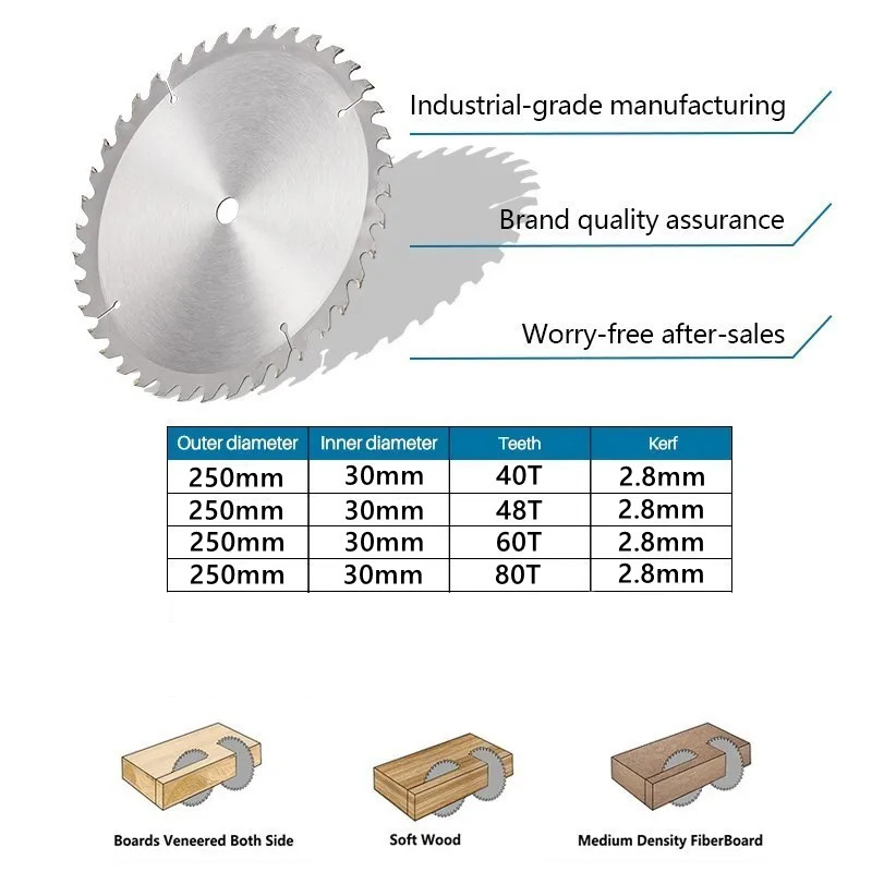 초경 목재 톱날 250mmx40T/48T/60T/80T 조리개 30mm, TCT 목공 디스크 경질 합금 원형 톱날