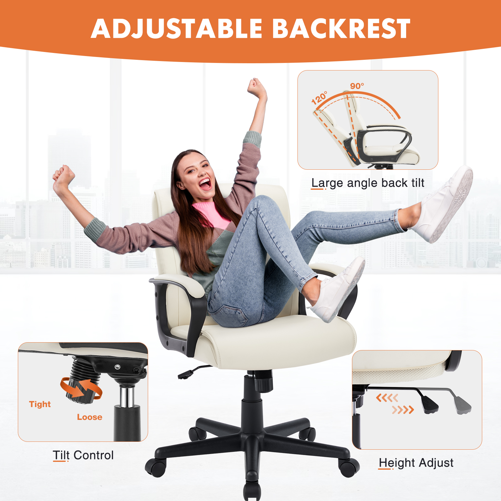 JHK PU Leather Ergonomic Padded Living Room Rocking Gaming Chairs Adjustable Height Rolling Swivel Wheel With Lumbar Support