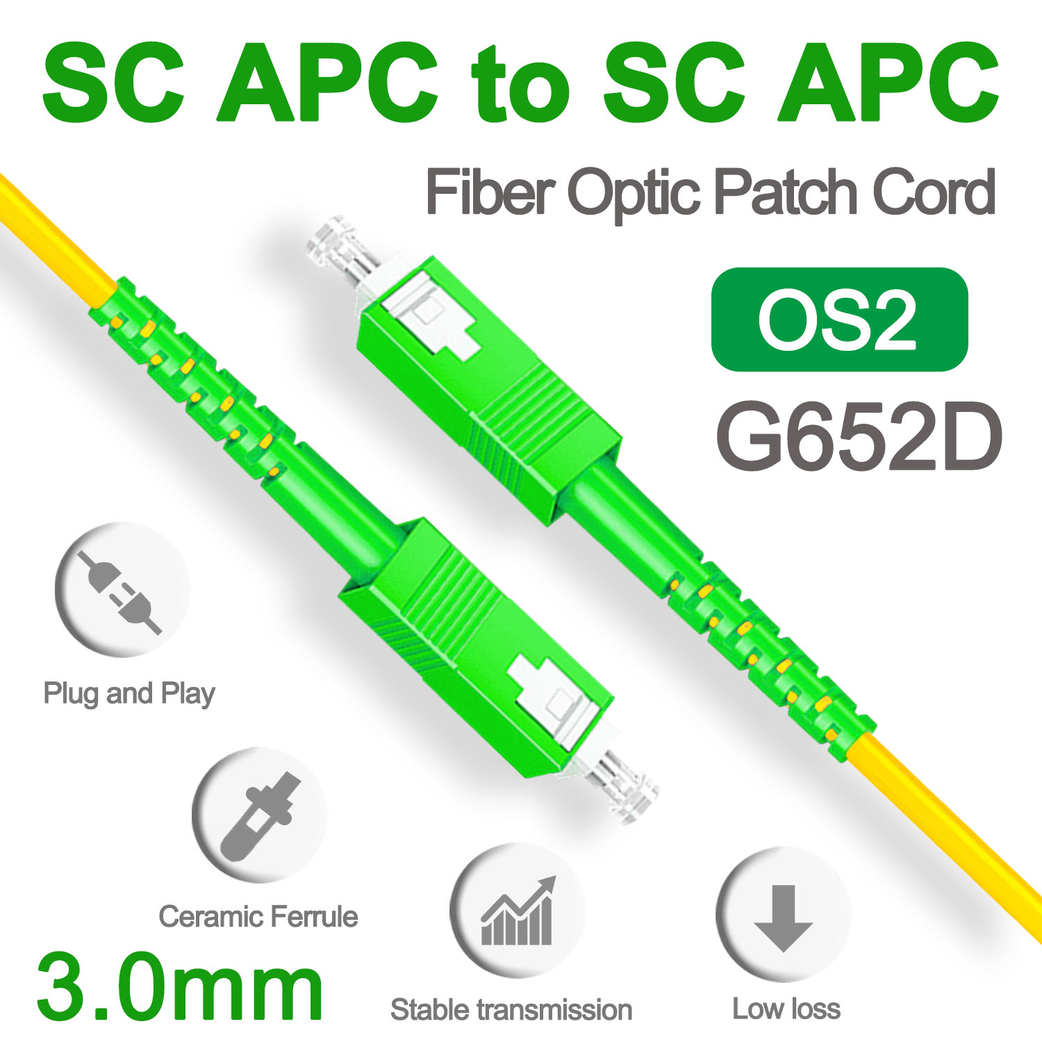 Оптоволоконный патч-кабель SC APC, 3,0 мм, шнур OS2, одномодовый симплекс, 1 м, 3 м, 5 м, ПВХ G652D SM 1310/1550 нм, FTTH